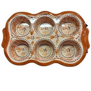Temptations Old World Red Orange Muffin Tin Tray With Metal Rack EUC